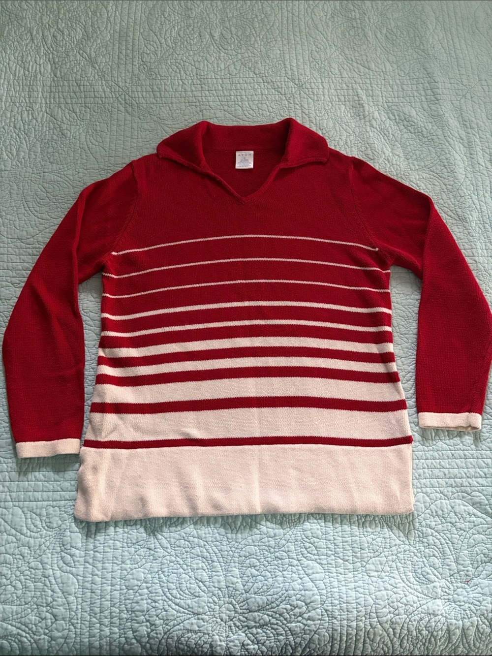 Avon Red and White Striped V-Neck Sweater